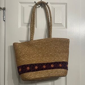 Liz Claiborne Mambo Drawstring and Woven Tote Bag with Purple Floral Accent Band